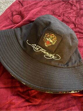 Ed Hardy Black Bucket Hat with Embroidered Tiger and Script